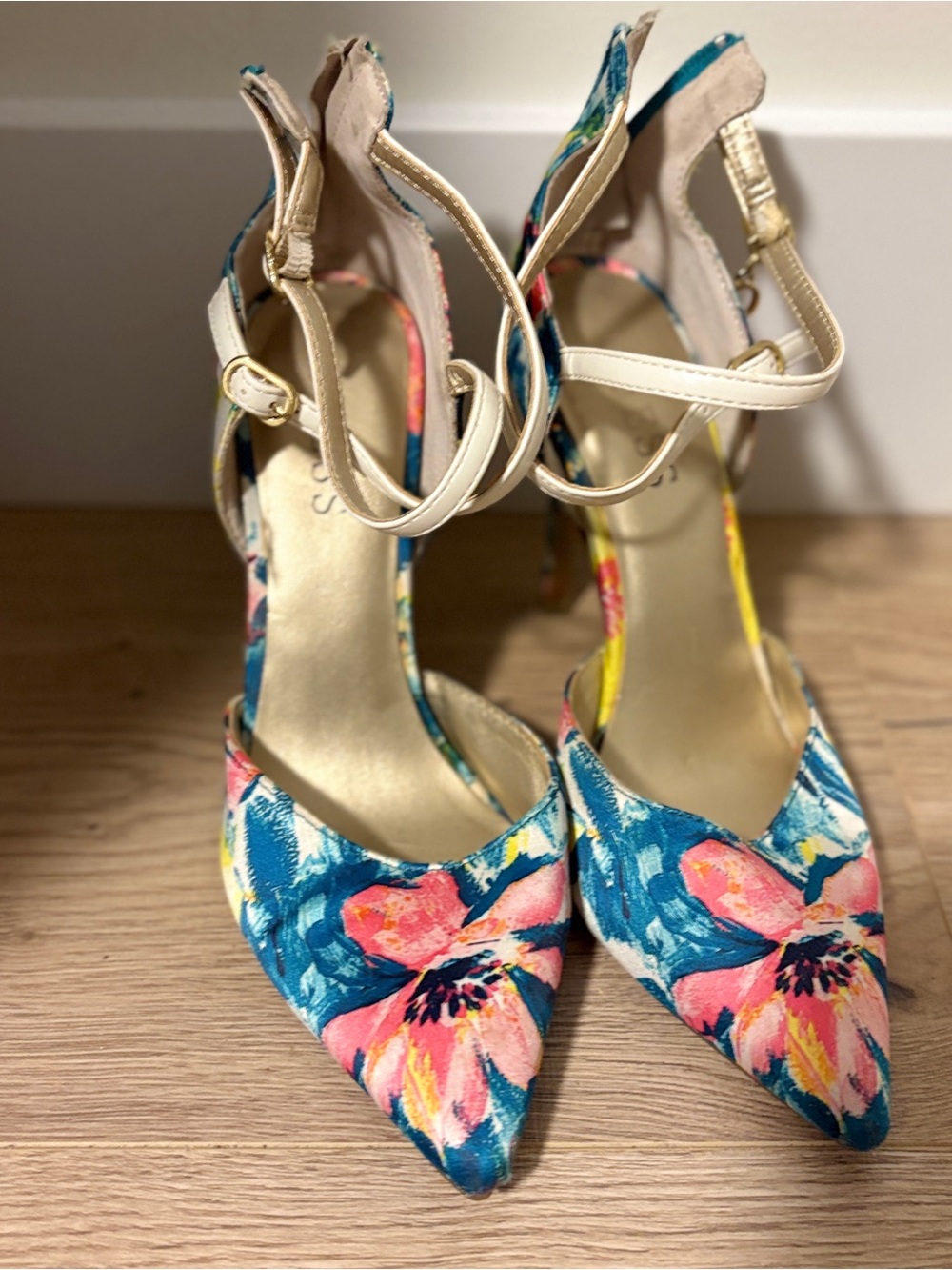 Guess Floral Pointed-Toe Ankle-Strap Heels in Teal and Pink